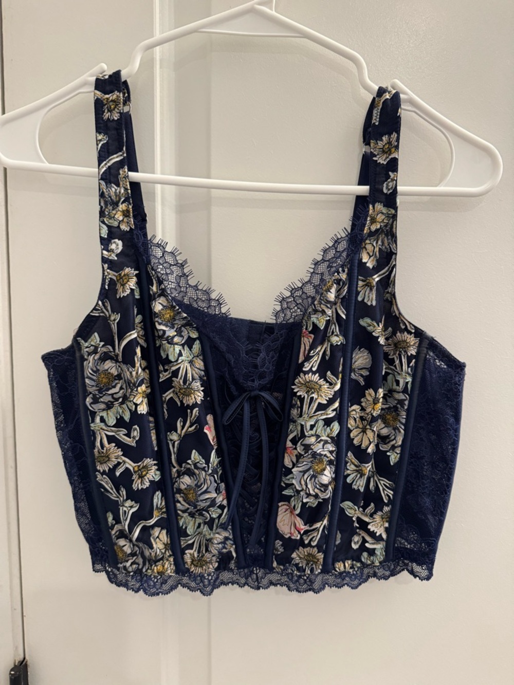 Floral Lace-Trim Navy Cropped Corset Top